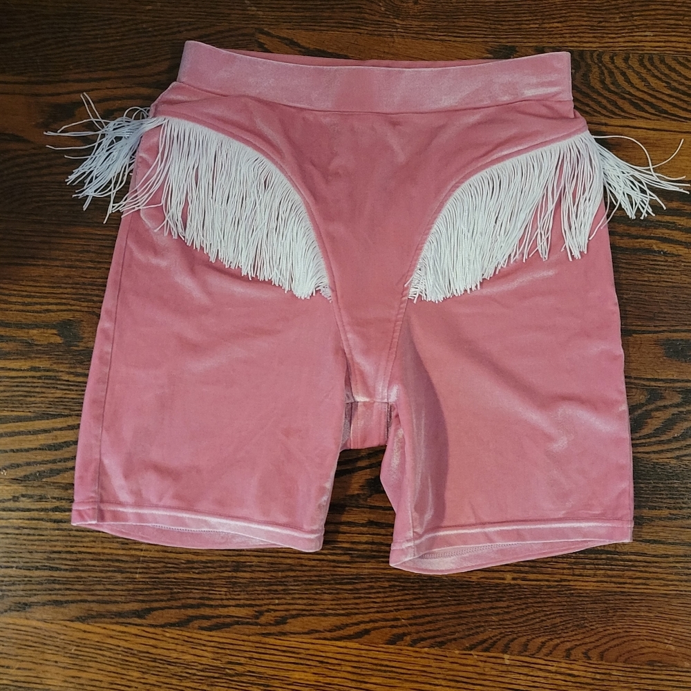Pink Velvet Fringe shorts by Fashion Brand Company